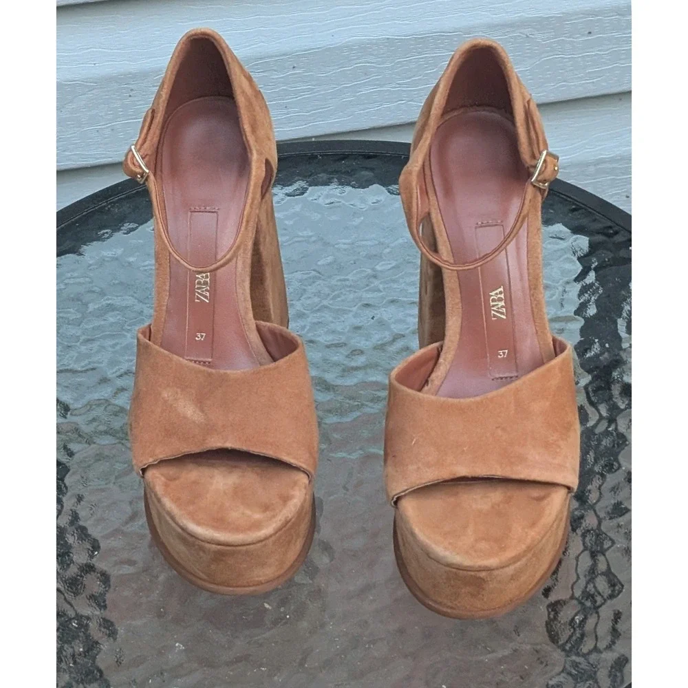 Zara EU 37 US 7 Brown Faux Suede Platform Block Heel Ankle Strap Sandals Retro